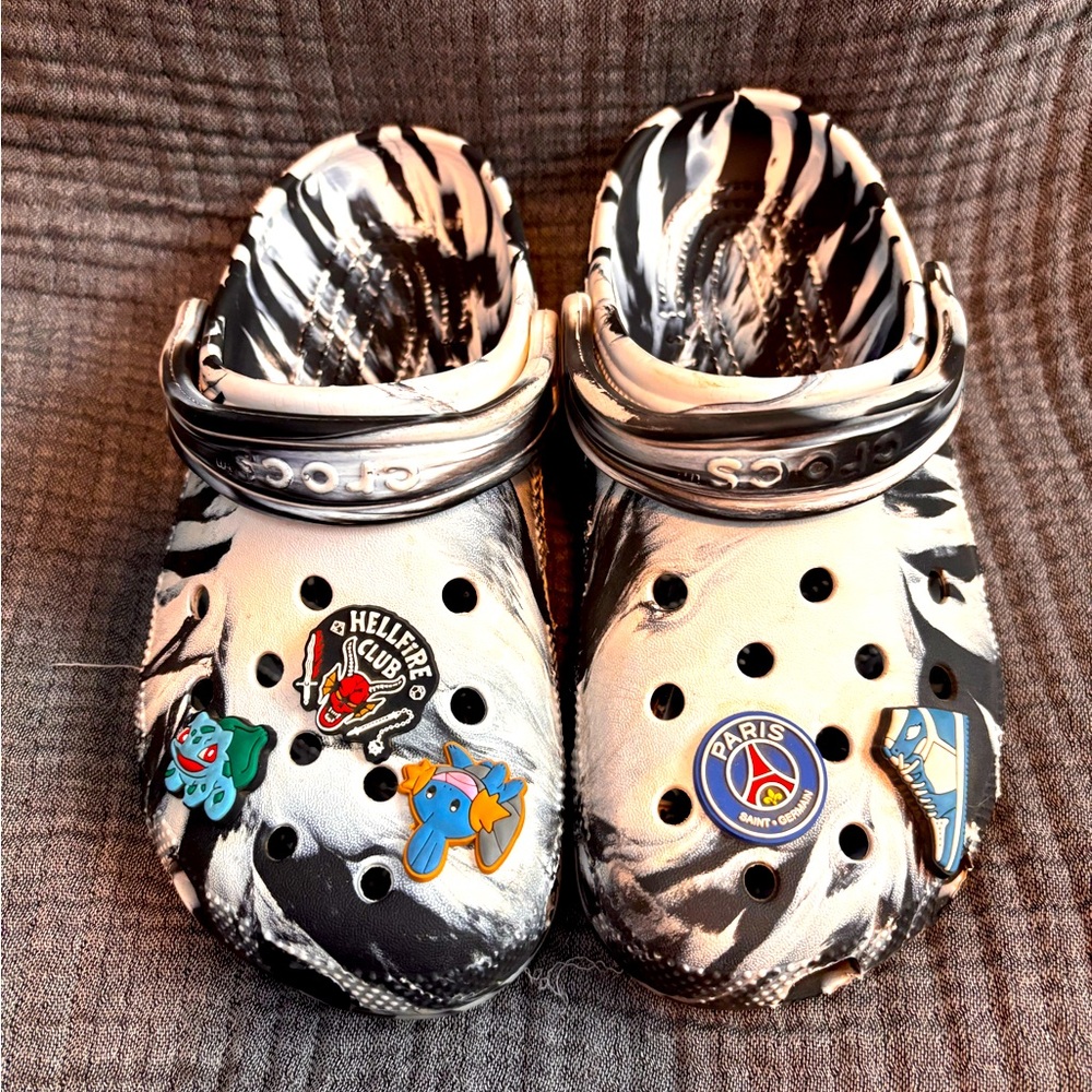 Kids CROCS Black and White Clogs with Fun Charms